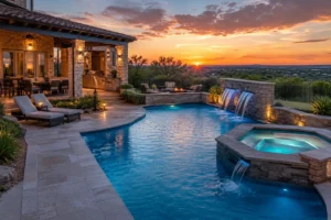 Pool and spa at sunset with patio seating